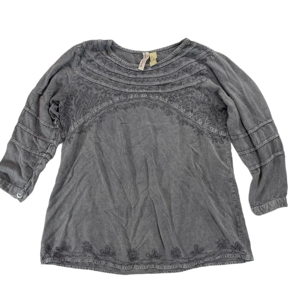 Studio West Apparel Grey Embroidered Boho Rayon Blouse Top Medium M Womens